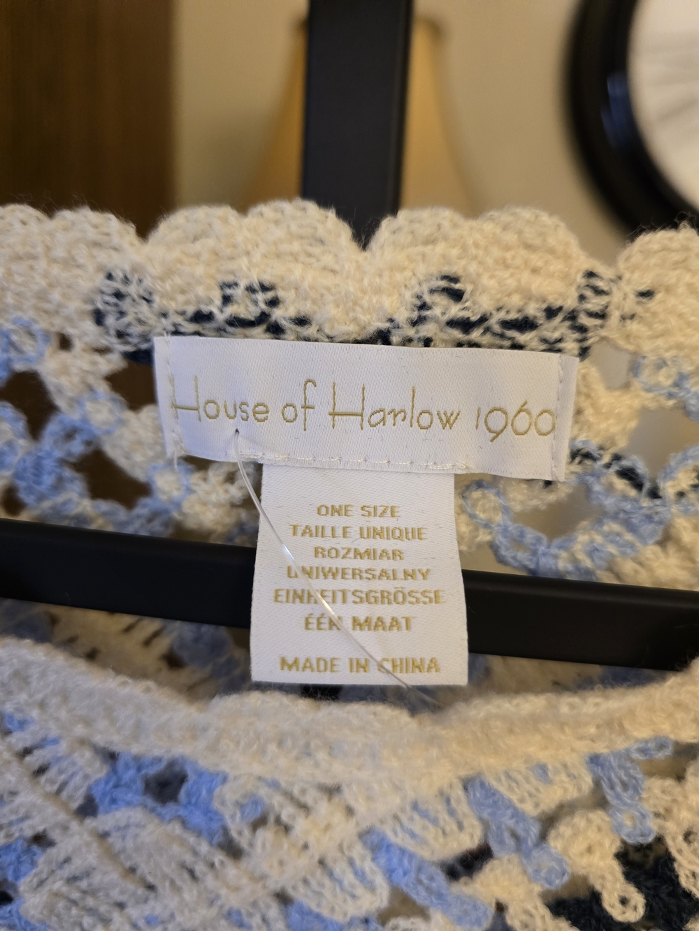 House of Harlow 1960 Crochet Sweater Blue Cream Granny Square Fringe Boho O/S - Picture 4 of 6